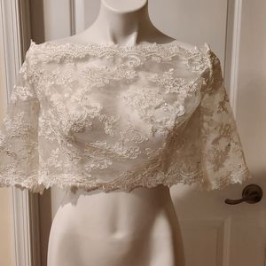 White large lace wedding dress jacket off shoulders Anthropologie Style